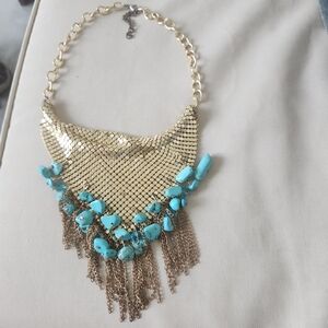 Gold and Turquoise Statement Fringe Necklace